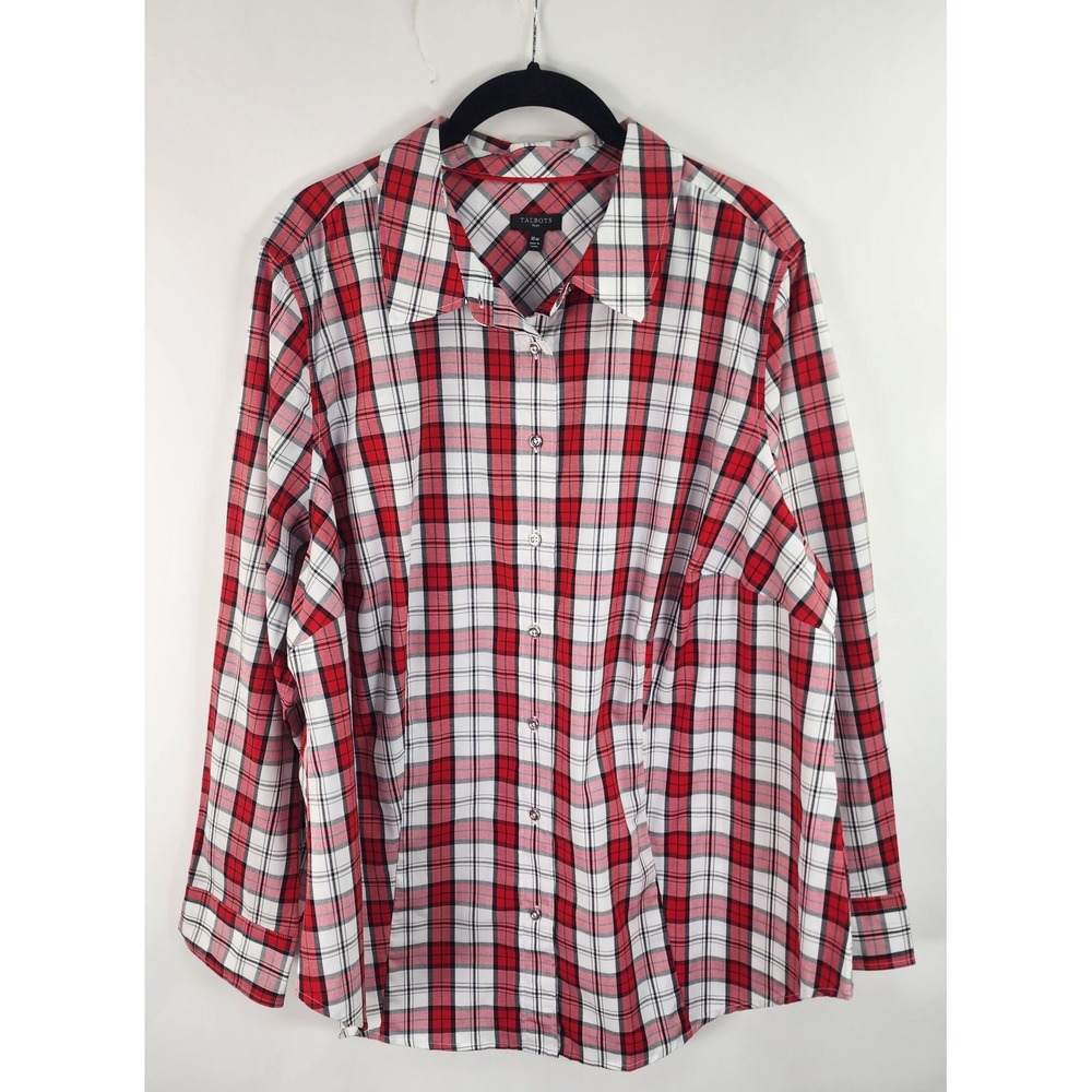 Talbots Plaid Button Up Top Women's 16W Red Black White Embroidered Logo